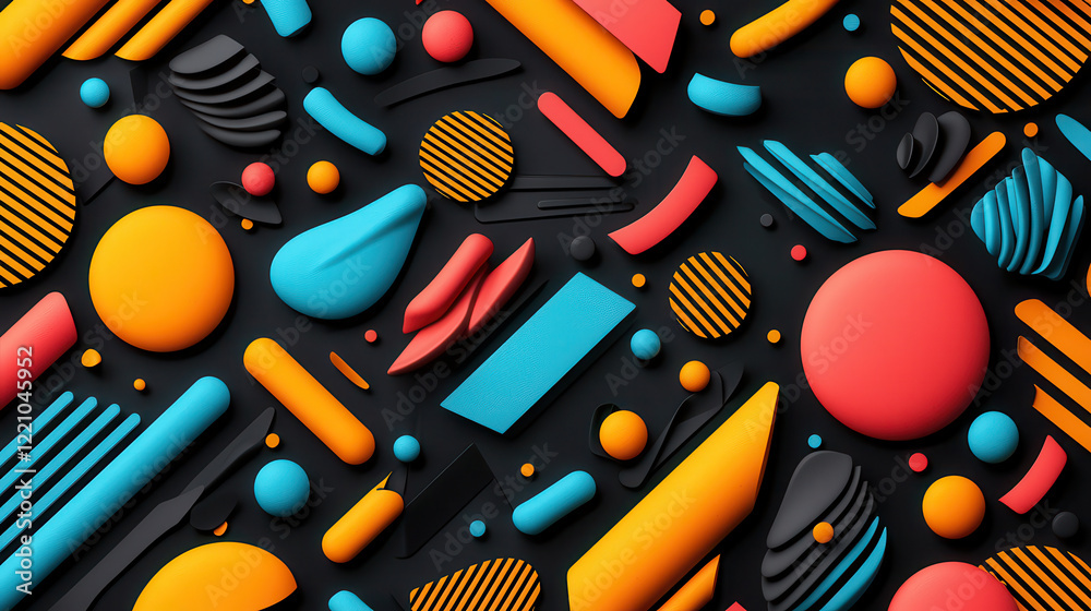 Poster Vivid abstract graphic pattern with dynamic shapes and bold colors. This design features mix of geometric forms vibrant hues of red, blue, and orange against dark background, creating striking