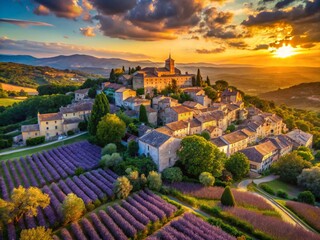 Naklejka premium Stunning Aerial View of Colorful Sunset over Provence Lavender Fields, France