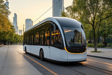 Fototapeta premium Modern Electric Streetcar in Urban Setting at Sunrise