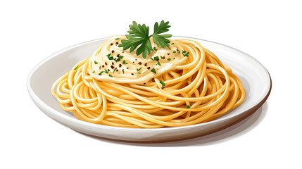 Delicious Plate of Creamy Pasta with Herbs and Sauce on White Plate