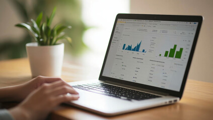 Using a laptop to analyze data at a bright workspace with a plant