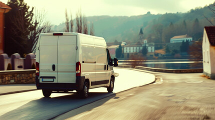Fototapeta premium A white van drives on a curved road near a tranquil waterfront and scenic village. Concept of transportation and travel.