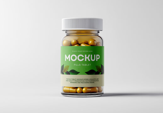 Pill Bottle Mockup with Green Label on White Background &ndash; Realistic Supplement Packaging Template for Vitamins, Herbal Capsules, or Pharmaceutical Product Presentation