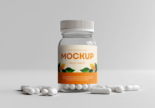 Pill Bottle Mockup &ndash; Realistic Supplement Jar Scene with Scattered Capsules and Clean Background for Medicine, Vitamin or Healthcare Product Branding