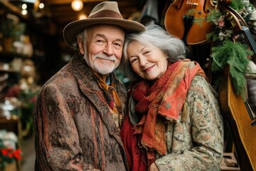 Fototapeta premium Elderly Couple Enjoying Autumn at a Rustic Market Stall