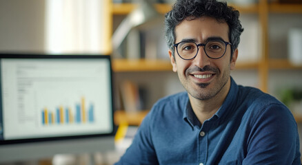 Attractive Middle Eastern man smiling while working at a computer in a cozy home office during daytime