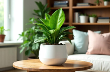 Houseplant with large leaves in a white flowerpot, in the interior of the living room.