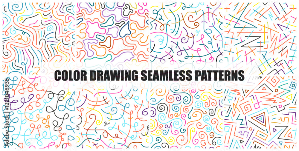 Poster collection of bright colorful drawing seamless patterns. vector trendy vibrant unusual backgrounds. 