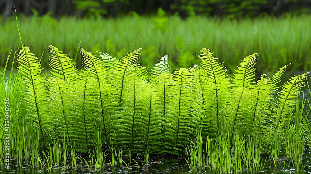 Wall mural Lush fern in field, green background, nature scene, stock photo