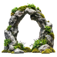 Garden rock arch with moss and plants isolated on transparent background