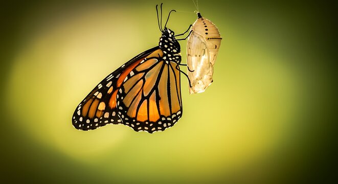 Stunning monarch butterfly emerging from chrysalis.  Orange, black, and white wings.  Metamorphosis. - Powered by Adobe