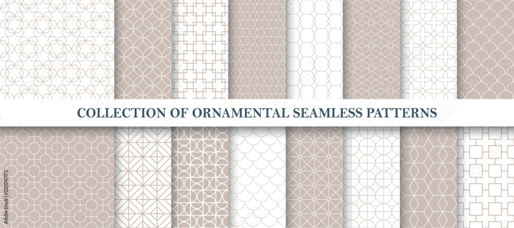 Poster collection of seamless ornamental vector patterns. beige elegant oriental vintage backgrounds. geome