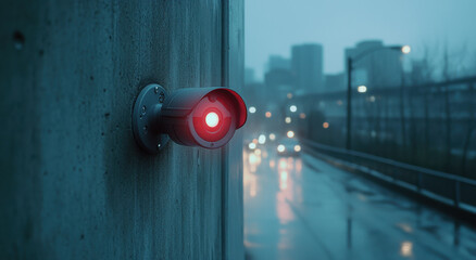Outdoor surveillance camera monitoring urban area during rain at dusk with red indicator light