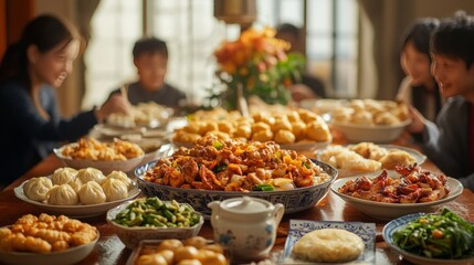 Fototapeta premium A traditional Lunar New Year family reunion in a spacious home with a large table filled with dishes like dumplings, spring rolls, and steamed buns 