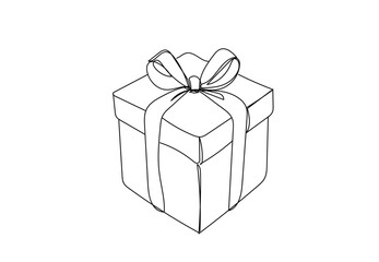 gift box with red ribbon and bow , line drawing style,vector  illustration