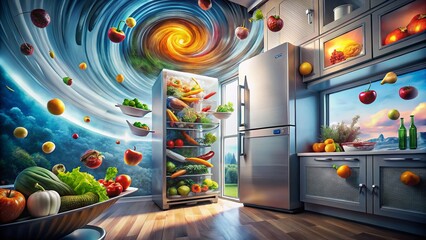 Surreal Modern Refrigerator: Floating Food & Dreamlike Kitchen