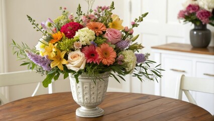 Beautiful bouquet of mixed flowers arranged in a elegant vase on a wooden table, vases, colorful bouquets, home decor, floral displays, wooden furniture