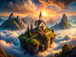 Naklejka premium Surreal Mountaintop Chapel: Dreamlike Celestial Landscape Photography