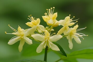 Fototapeta premium A cluster of delicate yellow flowers with slender petals and green leaves in a natural setting.