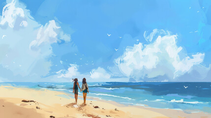 two friends walking on the beach