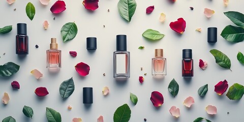 Elegant fragrances amidst rose petals and leaves, evoking romance and allure