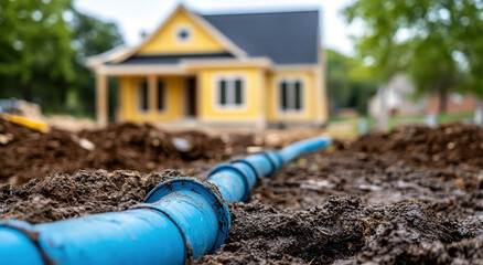 Underground water system installation process near a newly built house in a residential area