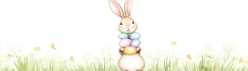 Obraz premium A cheerful bunny balancing colorful eggs in a grassy field.