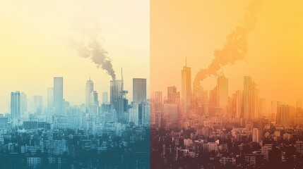 Obraz premium Abstract cityscape divided by a line of clear air and smog, highlighting pollution contrast, [air quality awareness], [haze concept].