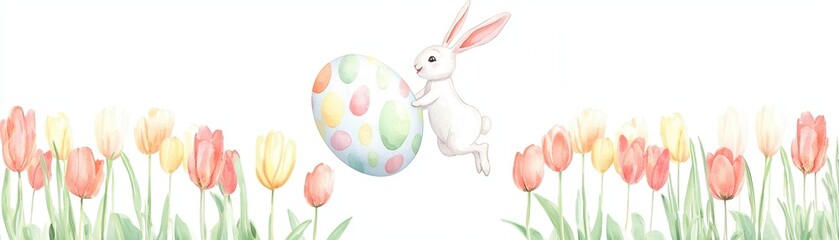 Naklejka premium A playful rabbit hopping with a colorful Easter egg and tulips.