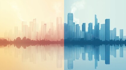 Fototapeta premium Abstract cityscape divided by a line of clear air and smog, highlighting pollution contrast, [air quality awareness], [haze concept].