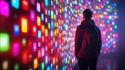 Person Gazing at Vibrant Digital Wall of Apps and Icons in a Futuristic Setting