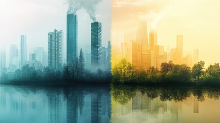 Abstract cityscape divided by a line of clear air and smog, highlighting pollution contrast, [air quality awareness], [haze concept].