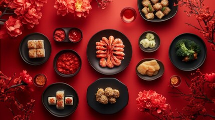 A Lunar New Year celebration with a minimalist table setting featuring traditional foods and red decorations