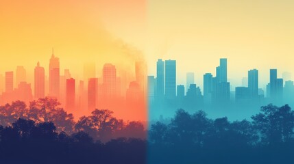 Obraz premium Abstract cityscape divided by a line of clear air and smog, highlighting pollution contrast, [air quality awareness], [haze concept].