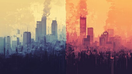 Abstract cityscape divided by a line of clear air and smog, highlighting pollution contrast, [air quality awareness], [haze concept].