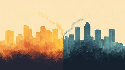 Abstract cityscape divided by a line of clear air and smog, highlighting pollution contrast, [air quality awareness], [haze concept].