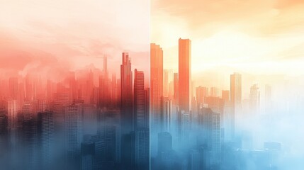Abstract cityscape divided by a line of clear air and smog, highlighting pollution contrast, [air quality awareness], [haze concept].