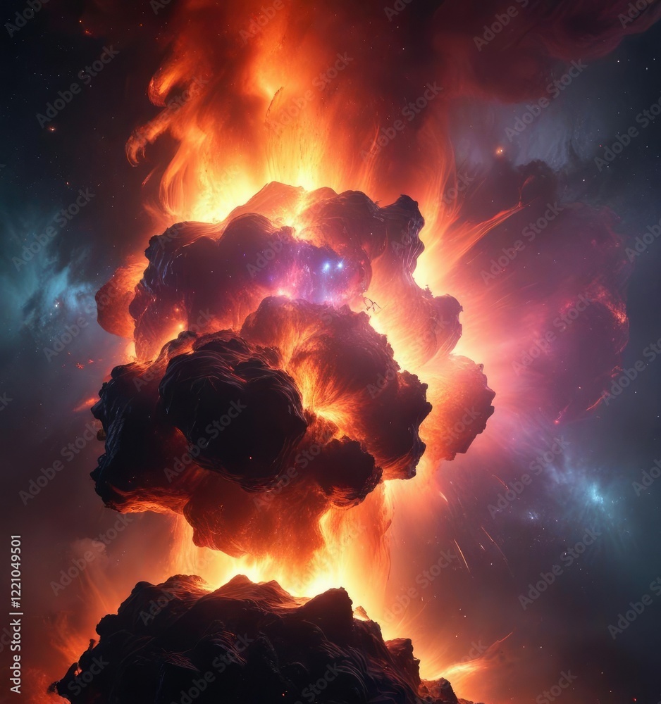 Poster boiling magma nebula with glowing gas and plasma, hot, turbulent