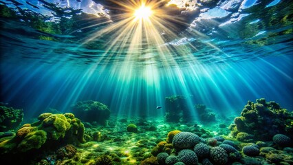 Fototapeta premium Sunbeams Dancing Through Ocean Water: Underwater Sunlight Photography