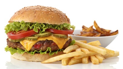 Delicious burgers and french potato fries, cut out.