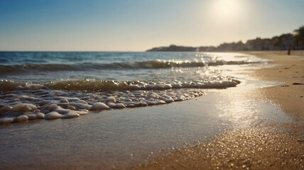 Waves on Beach, Sunset on the beach with waves and tropical coastline, Summer Vacation on Sandy Beach ocean blurred background
