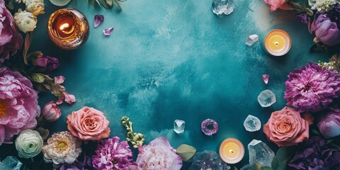 Floral Serenity: A Vibrant Arrangement of Flowers and Candles for Tranquil Moments