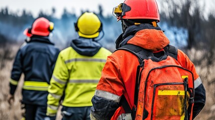 Firefighters in Protective Gear Battling Wildfire in Forest with Smoke and Flames