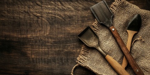 Rustic kitchen tools resting on burlap evoke warmth and craftsmanship in cooking