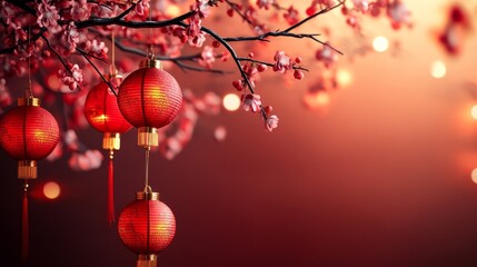  A minimalist Lunar New Year design with red lanterns and gold accents, soft glow, delicate patterns 