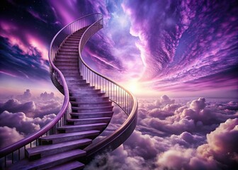 Surreal Purple Staircase Ascending to a Dreamlike Sky - Double Exposure Stock Photo