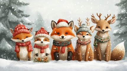 Winter Wonderland: Festive Foxes and Reindeer in Snowy Forest