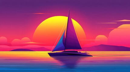 Fototapeta premium Vibrant Sunset Sailing: Illuminated Yacht Against a Colorful Horizon