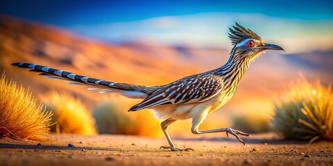 Surreal Roadrunner: Whimsical Desert Bird Running Towards Camera - High-Resolution Stock Photo