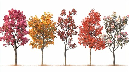 Naklejka premium Five trees show varied seasonal foliage, from spring blooms to autumn colors against white